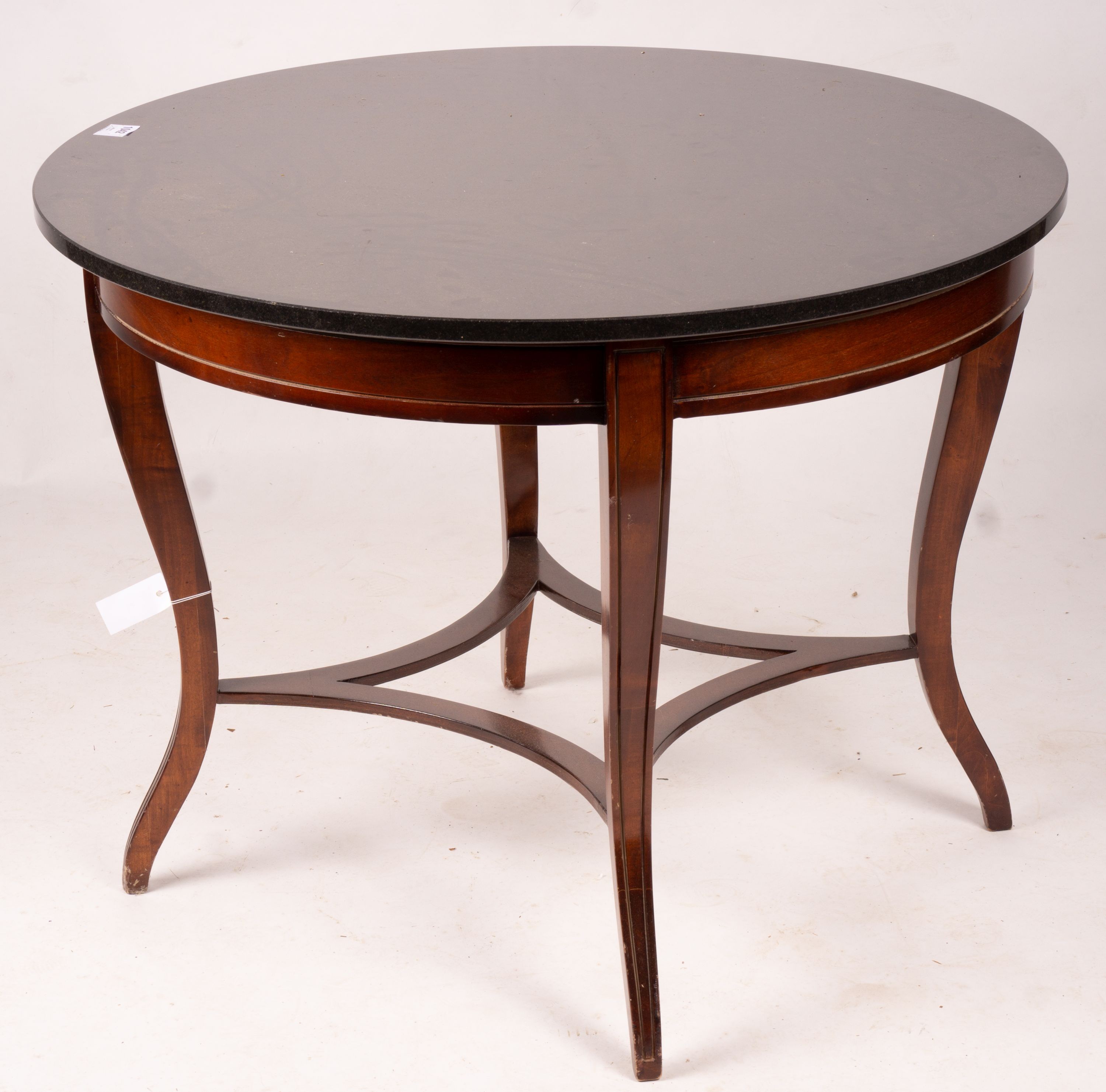 A reproduction French Empire style circular mahogany marble top centre table, diameter 96cm, height 73cm